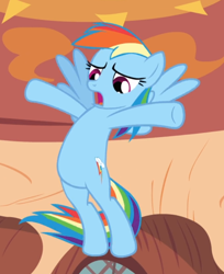 Size: 656x802 | Tagged: safe, imported from derpibooru, screencap, rainbow dash, pegasus, pony, magic duel, belly, cropped, female, flying, golden oaks library, mare, open mouth, solo, spread hooves, spread wings, underhoof, wings