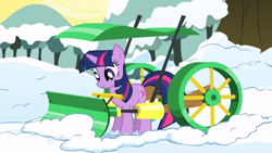 Size: 2880x1620 | Tagged: safe, imported from derpibooru, screencap, twilight sparkle, pony, unicorn, season 1, winter wrap up, female, mare, smiling, snow, snow plow, snowplow, solo, unicorn twilight