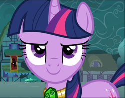 Size: 1195x939 | Tagged: safe, imported from derpibooru, screencap, twilight sparkle, pony, unicorn, magic duel, amulet, close-up, confident, cropped, female, jewelry, looking at you, mare, smiling, solo, unicorn twilight