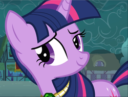 Size: 1240x940 | Tagged: safe, imported from derpibooru, screencap, twilight sparkle, pony, unicorn, magic duel, amulet, confident, cropped, female, jewelry, looking at you, mare, raised eyebrow, smuglight sparkle, solo, unicorn twilight