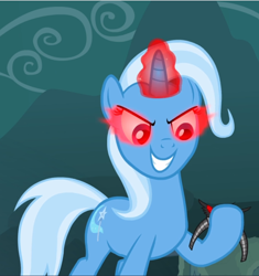 Size: 884x940 | Tagged: safe, imported from derpibooru, screencap, trixie, pony, magic duel, alicorn amulet, corrupted, cropped, dark magic, evil grin, female, glowing eyes, glowing horn, grin, horn, magic, mare, smiling, solo