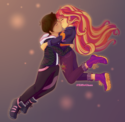 Size: 3800x3700 | Tagged: safe, artist:katakiuchi4u, imported from derpibooru, sunset shimmer, oc, equestria girls, canon x oc, clothes, eyes closed, female, floating, freckles, kissing, male, peppered bacon, shoes, straight