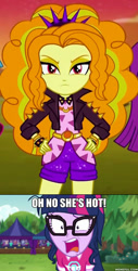 Size: 600x1185 | Tagged: safe, imported from derpibooru, adagio dazzle, sci-twi, twilight sparkle, equestria girls, equestria girls series, sunset's backstage pass!, the road less scheduled, spoiler:eqg series (season 2), adagilight, caption, captions, clothes, comparison, female, jacket, lesbian, music festival outfit, oh no he's hot, sci-twidagio, scitwidagio, shipping, spiked headband, spongebob squarepants