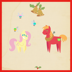 Size: 2000x2000 | Tagged: safe, anonymous artist, imported from derpibooru, big macintosh, fluttershy, parasprite, pony, series:12 days of hearth's warming, series:fm holidays, 12 days of christmas, bell, big macintosh is not amused, border, christmas, female, fluttermac, hearth's warming, holiday, holly, male, nervous, nervous grin, pointy ponies, shipping, straight, sweat, sweatdrop, texture, twelve days of christmas