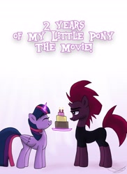 Size: 2978x4096 | Tagged: safe, artist:ringteam, imported from derpibooru, tempest shadow, twilight sparkle, alicorn, my little pony: the movie, broken horn, cake, eyes closed, food, horn, twilight sparkle (alicorn)