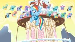 Size: 2880x1620 | Tagged: safe, imported from derpibooru, screencap, candy floss (character), candy floss (g4), chocolate blueberry, cloud kicker, cloud showers, dizzy twister, flutter doo, grape soda, meadow rain, orange swirl, rainbow dash, rainbowshine, spring melody, sprinkle medley, sunshower raindrops, wind chill, pegasus, pony, winter wrap up, angry, background pony, blue emerald, clone, clones, clothes, female, flying, mare, multeity, ponyville, ponyville town hall, snow, unbrella drops, unnamed pony, weather team, winter wrap up vest