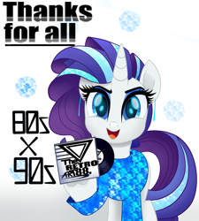 Size: 2500x2777 | Tagged: safe, artist:theretroart88, imported from derpibooru, rarity, pony, unicorn, 80s, alternate hair color, clothes, ear piercing, female, hoof hold, looking at you, piercing, record, sequins, solo