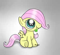 Size: 438x400 | Tagged: safe, artist:lucas_gaxiola, imported from derpibooru, fluttershy, pegasus, pony, clover, cute, female, filly, filly fluttershy, gradient background, hair over one eye, mouth hold, shyabetes, sitting, smiling, solo, younger