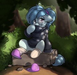 Size: 2570x2497 | Tagged: safe, artist:rexyseven, imported from derpibooru, oc, oc only, oc:whispy slippers, earth pony, pony, clothes, cute, female, floppy ears, forest, glasses, mare, ocbetes, ponytail, scenery, sitting, slippers, socks, solo, sweater, tree, turtleneck