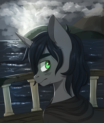Size: 1700x2000 | Tagged: safe, artist:silbersternenlicht, imported from derpibooru, oc, oc only, oc:shadow, pony, fanfic:a growing shadow, boat, fanfic, fanfic art, fanfic cover, male, ocean, solo, stallion