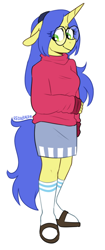 Size: 392x933 | Tagged: safe, artist:redxbacon, imported from derpibooru, oc, oc only, oc:logical leap, anthro, plantigrade anthro, pony, unicorn, anthro oc, clothes, commission, cute, female, glasses, hairband, mare, miniskirt, sandals, shy, shy smile, simple background, skirt, smiling, socks, socks with sandals, solo, sweater, white background