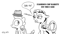 Size: 1200x675 | Tagged: safe, artist:pony-berserker, imported from derpibooru, rarity, spike, dragon, pony, unicorn, black and white, duo, fashion police, female, grayscale, halftone, hat, male, mare, monochrome, pony-berserker's twitter sketches, signature, simple background, sketch, stippling, tongue out, trilby, white background