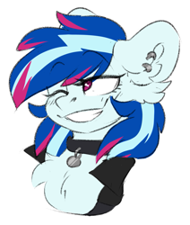 Size: 1105x1301 | Tagged: safe, artist:itsspoopsb, artist:spoopygander, imported from derpibooru, oc, oc only, oc:paperweight, pony, chest fluff, clothes, collar, ear fluff, ear piercing, earring, female, jacket, jewelry, leather jacket, mare, multicolored hair, piercing, smug, solo