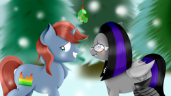 Size: 4000x2250 | Tagged: safe, artist:joechillers, imported from derpibooru, oc, oc:gutiu serenade, oc:luna farrowe, bat pony, pony, unicorn, duo, holiday, holly, holly mistaken for mistletoe, ych result