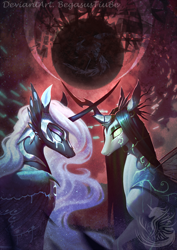 Size: 1068x1511 | Tagged: safe, artist:begasus, imported from derpibooru, nightmare moon, queen chrysalis, alicorn, changeling, changeling queen, pony, chrysmoon, duo, female, lesbian, mare, shipping