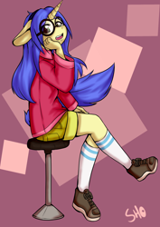 Size: 2480x3507 | Tagged: safe, artist:koizumisho, imported from derpibooru, oc, oc only, oc:logical leap, anthro, plantigrade anthro, unicorn, abstract background, anthro oc, clothes, cutie mark, female, glasses, hairband, mare, shoes, shorts, sneakers, solo, stool, sweater, ych result