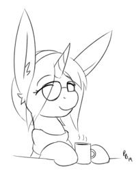 Size: 1032x1294 | Tagged: safe, artist:ponballoon, imported from derpibooru, oc, oc only, oc:logical leap, pony, unicorn, black and white, glasses, grayscale, hairband, monochrome, mug, simple background, smiling, white background