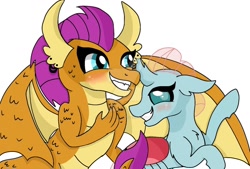 Size: 1280x865 | Tagged: safe, artist:artisticcupcakezz, imported from derpibooru, ocellus, smolder, changedling, changeling, dragon, blushing, changeling x dragon, deviantart watermark, female, grin, lesbian, obtrusive watermark, piercing, shipping, smiling, smolcellus, watermark