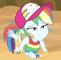 Size: 440x434 | Tagged: safe, imported from derpibooru, screencap, rainbow dash, equestria girls, equestria girls series, spring breakdown, spoiler:eqg series (season 2), cropped, cruise outfit, female, fetish fuel, jungle, quicksand, rainbow dash is best facemaker, sleeveless, solo