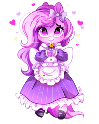 Size: 800x1005 | Tagged: safe, artist:ipun, imported from derpibooru, oc, oc only, semi-anthro, apron, bell, bell collar, bow, clothes, collar, cute, deviantart watermark, dress, female, hair bow, heart, looking at you, maid, mare, obtrusive watermark, ocbetes, shoes, simple background, socks, solo, transparent background, watermark