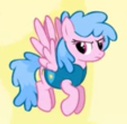 Size: 255x249 | Tagged: safe, imported from derpibooru, screencap, candy floss (character), candy floss (g4), pegasus, pony, winter wrap up, aside glance, background pony, clothes, cropped, female, flying, frown, mare, picture for breezies, sideways glance, solo, vest, weather team, winter wrap up vest