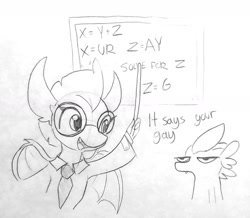 Size: 1440x1255 | Tagged: safe, artist:tjpones, imported from derpibooru, smolder, spike, dragon, chalkboard, clothes, dragoness, duo, female, glasses, lab coat, misspelling, monochrome, necktie, pencil drawing, pointer, spike is not amused, traditional art, unamused, ur gay