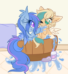 Size: 3118x3404 | Tagged: safe, artist:starlightlore, imported from derpibooru, oc, oc only, oc:astral flare, oc:sun light, bat pony, pegasus, pony, bath, bathtub, female, filly, splashing