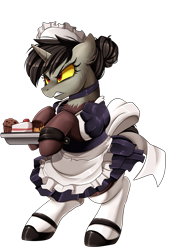 Size: 2343x3395 | Tagged: safe, artist:pridark, imported from derpibooru, discord, pony, unicorn, fanfic:the maid of chaos, angry, bipedal, cake, clothes, commission, dessert, eris, fanfic in the description, fanfic in the source, female, food, hair bun, hoof hold, maid, maid discord, male, muffin, outfit, ponified, pony discord, rule 63, shoes, simple background, skirt, socks, solo, thigh highs, transparent background, tray