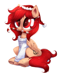 Size: 1237x1502 | Tagged: safe, artist:confetticakez, imported from derpibooru, part of a set, oc, oc only, oc:ginger ferrochrome, pegasus, pony, candy, candy cane, christmas, clothes, commission, cute, femboy, folded wings, food, hat, holiday, male, mouth hold, ocbetes, santa hat, simple background, sitting, solo, stallion, sweater, white background, wings, winter, ych result