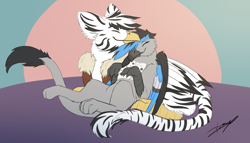 Size: 5760x3300 | Tagged: safe, artist:xeirla, imported from derpibooru, oc, oc only, oc:emi, oc:warren, griffon, original species, zebra, zebragriff, beak, bomber jacket, clothes, cuddling, jacket, leonine tail, paws, talons, zerb