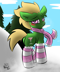 Size: 1000x1200 | Tagged: safe, artist:kingkrail, imported from derpibooru, oc, oc only, oc:boozy breath, earth pony, pony, blushing, breath, clothes, cloud, scarf, snow, socks, solo, striped socks