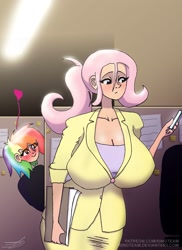 Size: 1537x2114 | Tagged: safe, artist:ringteam, imported from derpibooru, fluttershy, rainbow dash, human, alternate hairstyle, big breasts, blushing, breasts, busty fluttershy, cleavage, female, flutterdash, heart, huge breasts, humanized, lesbian, office, shipping