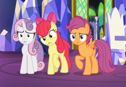 Size: 886x612 | Tagged: safe, imported from derpibooru, screencap, apple bloom, scootaloo, sweetie belle, earth pony, pegasus, pony, unicorn, growing up is hard to do, confused, cropped, cutie mark, cutie mark crusaders, female, friendship throne, mare, older, older apple bloom, older cmc, older scootaloo, older sweetie belle, raised hoof, the cmc's cutie marks, trio