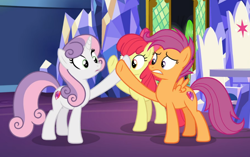 Size: 1172x735 | Tagged: safe, imported from derpibooru, screencap, apple bloom, scootaloo, sweetie belle, earth pony, pegasus, pony, unicorn, growing up is hard to do, cropped, cutie mark, cutie mark crusaders, female, friendship throne, mare, older, older apple bloom, older cmc, older scootaloo, older sweetie belle, the cmc's cutie marks, trio