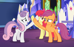 Size: 1194x751 | Tagged: safe, imported from derpibooru, screencap, apple bloom, scootaloo, sweetie belle, earth pony, pegasus, pony, unicorn, growing up is hard to do, cropped, cutie mark, cutie mark crusaders, embarrassed, female, friendship throne, laughing, mare, older, older apple bloom, older cmc, older scootaloo, older sweetie belle, open mouth, the cmc's cutie marks, trio