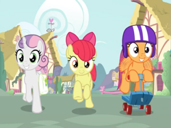 Size: 695x522 | Tagged: safe, imported from derpibooru, screencap, apple bloom, scootaloo, sweetie belle, earth pony, pegasus, pony, unicorn, growing up is hard to do, cropped, cutie mark crusaders, female, galloping, helmet, mare, older, older apple bloom, older cmc, older scootaloo, older sweetie belle, saddle bag, scooter, smiling, trio