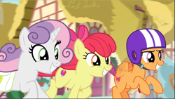 Size: 1669x941 | Tagged: safe, imported from derpibooru, screencap, apple bloom, scootaloo, sweetie belle, earth pony, pegasus, pony, unicorn, growing up is hard to do, cropped, cutie mark crusaders, female, galloping, happy, helmet, mare, older, older apple bloom, older cmc, older scootaloo, older sweetie belle, saddle bag, scooter, smiling, trio