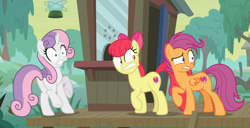 Size: 1212x620 | Tagged: safe, imported from derpibooru, screencap, apple bloom, scootaloo, sweetie belle, earth pony, pegasus, pony, unicorn, growing up is hard to do, bow, cropped, cutie mark crusaders, female, hair bow, mare, older, older apple bloom, older cmc, older scootaloo, older sweetie belle, raised hoof, raised leg, scared, shrunken pupils, teeth, trio, underhoof