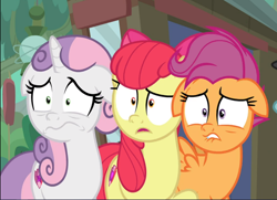 Size: 1176x852 | Tagged: safe, imported from derpibooru, screencap, apple bloom, scootaloo, sweetie belle, earth pony, pegasus, pony, unicorn, growing up is hard to do, bow, cropped, cutie mark crusaders, ears back, female, floppy ears, hair bow, mare, older, older apple bloom, older cmc, older scootaloo, older sweetie belle, open mouth, scared, shrunken pupils, trio, wavy mouth