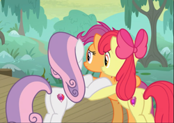 Size: 1009x712 | Tagged: safe, imported from derpibooru, screencap, apple bloom, scootaloo, sweetie belle, earth pony, pegasus, pony, unicorn, growing up is hard to do, bipedal, bow, butt, cropped, cutie mark crusaders, female, hair bow, huddle, mare, older, older apple bloom, older cmc, older scootaloo, older sweetie belle, plot, rear view, trio