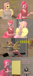 Size: 1920x4320 | Tagged: safe, artist:papadragon69, imported from derpibooru, fluttershy, pinkie pie, anthro, 3d, bomb, comic, fake, old master q, painting, parody, reference, running away, source filmmaker, weapon