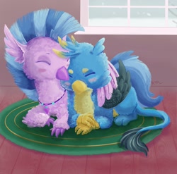 Size: 1668x1649 | Tagged: safe, artist:catscratchpaper, imported from derpibooru, gallus, silverstream, classical hippogriff, griffon, hippogriff, cuddling, cute, diastreamies, eyes closed, female, fluffy, gallabetes, gallstream, male, shipping, snow, straight, weapons-grade cute, wing hold