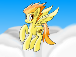 Size: 2000x1500 | Tagged: safe, artist:notadeliciouspotato, imported from derpibooru, spitfire, pegasus, pony, cloud, female, flying, mare, sky, smiling, solo, spread wings, wings