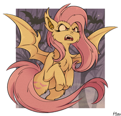 Size: 1904x1822 | Tagged: safe, artist:shinju-fury, imported from derpibooru, fluttershy, bat pony, pony, bats!, bat ponified, fangs, female, flutterbat, night, race swap, signature, solo, spread wings, wings