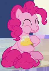 Size: 494x718 | Tagged: safe, imported from derpibooru, screencap, pinkie pie, earth pony, pony, the last laugh, cropped, cutie map, eating, eyes closed, female, mare, solo