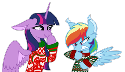 Size: 2149x1235 | Tagged: safe, artist:koloredkat, imported from derpibooru, rainbow dash, twilight sparkle, alicorn, pegasus, pony, christmas sweater, clothes, ear fluff, ear tufts, female, lesbian, shipping, simple background, snickering, sweater, transparent background, twidash, twilight sparkle (alicorn)