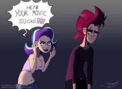 Size: 2114x1537 | Tagged: safe, artist:ringteam, imported from derpibooru, starlight glimmer, tempest shadow, human, my little pony: the movie, breasts, cleavage, clothes, duo, duo female, female, humanized, open mouth, sad, speech bubble, vulgar, you suck