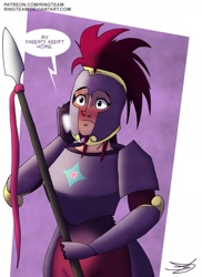 Size: 1537x2114 | Tagged: safe, artist:ringteam, imported from derpibooru, tempest shadow, human, armor, blushing, call, cellphone, female, humanized, implied lesbian, implied sex, implied shipping, implied tempestlight, implied twilight sparkle, phone, royal guard, solo, spear, tempest becomes a royal guard, weapon