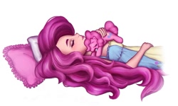 Size: 800x481 | Tagged: safe, artist:jemajema, imported from derpibooru, pinkie pie, earth pony, human, pony, clothes, drool, humanized, pillow, self ponidox, sleeping, tiny, tiny ponies