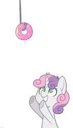 Size: 800x1400 | Tagged: safe, artist:higgly-chan, imported from derpibooru, sweetie belle, pony, unicorn, bait, blushing, cute, diasweetes, donut, eye clipping through hair, eyes on the prize, female, filly, food, hook, no pupils, open mouth, reaching, simple background, solo, white background